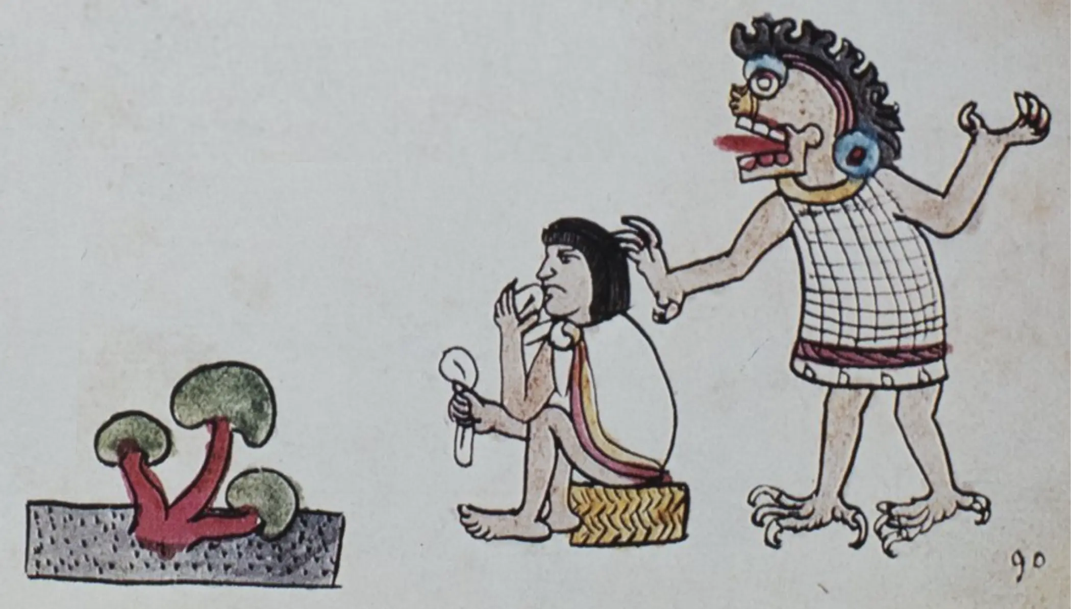 Codex Magliabechiano 中記載描繪的 *teonanácatl* 和正在服用 *teonanácatl* 的男子（祭司？），身後站著某位神靈（可能為 Mictlāntēcutli，掌管死後之地的神）Source: Codex Magliabechiano